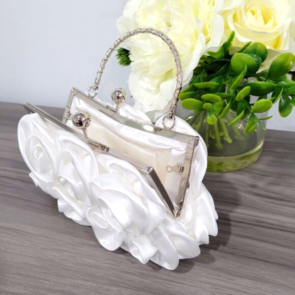 ๐นElegant White Satin Rose Clutch Rhinestone Handle Chain Wedding Formal NWOT - Picture 6 of 6